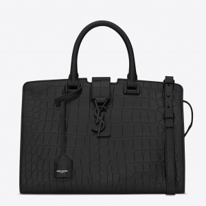 Saint Laurent All Black Small Cabas YSL Crocodile Embossed Bag