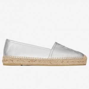 Saint Laurent Monogram Espadrilles In Silver Metallic Lambskin