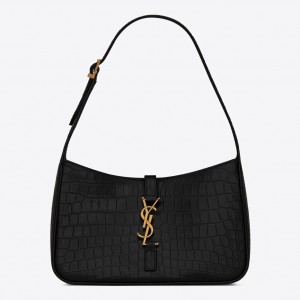 Saint Laurent Le 5 à 7 Hobo Bag In Black Crocodile-embossed Leather