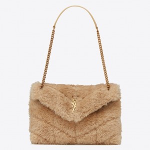 Saint Laurent Puffer Small Ysl Shearling Pouch Clutch Bag Natural Beige