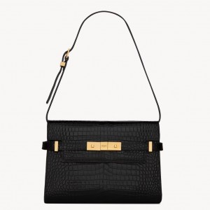 Saint Laurent Manhattan Small Shoulder Bag in Black Crocodile Embossed Calfskin