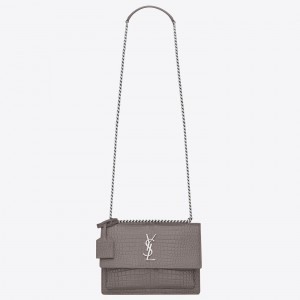 Saint Laurent Sunset Medium Bag In Grey Crocodile Embossed Leather