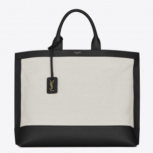 Saint Laurent Tag Shopping Bag In Canvas And Black Leather
