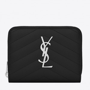 Saint Laurent Compact Zip Around Wallet In Noir Leather