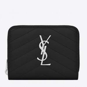 Replica YSL Saint Laurent Monogram Envelope Chain Wallet Grained Leather  Black Silver Hardware Fake From China