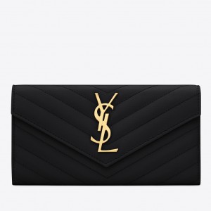 Saint Laurent Large Monogram Flap Wallet In Black Grained Leather