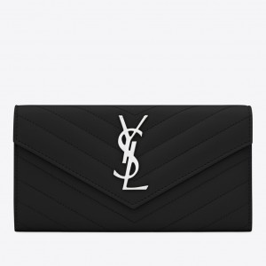 Saint Laurent Large Monogram Flap Wallet In Noir Grained Leather