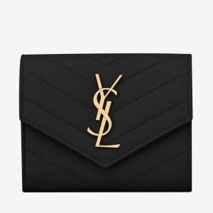 Saint Laurent Compact Tri Fold Wallet In Black Leather