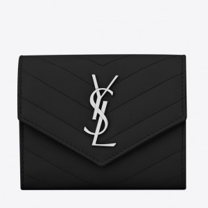 Replica YSL Saint Laurent Monogram Envelope Chain Wallet Grained Leather  Black Silver Hardware Fake From China