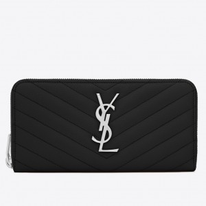 Saint Laurent Monogram Zip Around Wallet In Noir Grained Leather