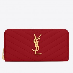 Saint Laurent Monogram Zip Around Wallet In Red Grained Leather